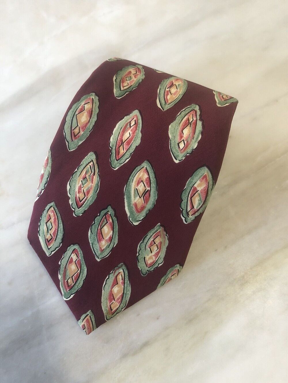 Chaps Ralph Lauren Tie Red Burgundy Green Abstract Silk 3.75"x55.5"